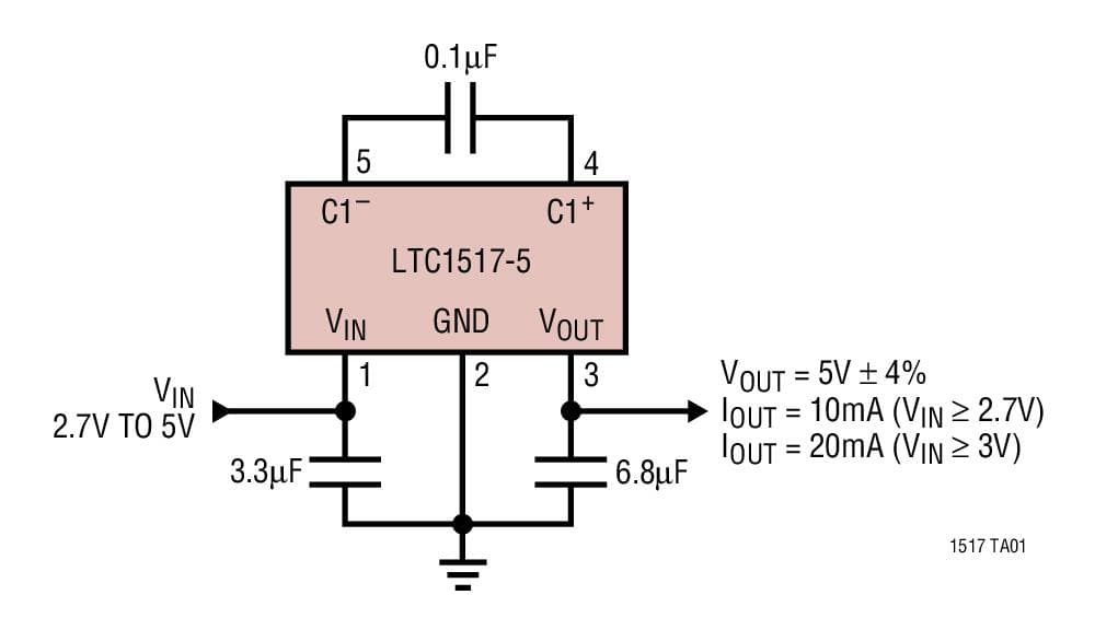 Typical Application for LTC1517-5 - Micro-power, Regulated 5V Charge Pump in a 5-Pin SOT-23 Package