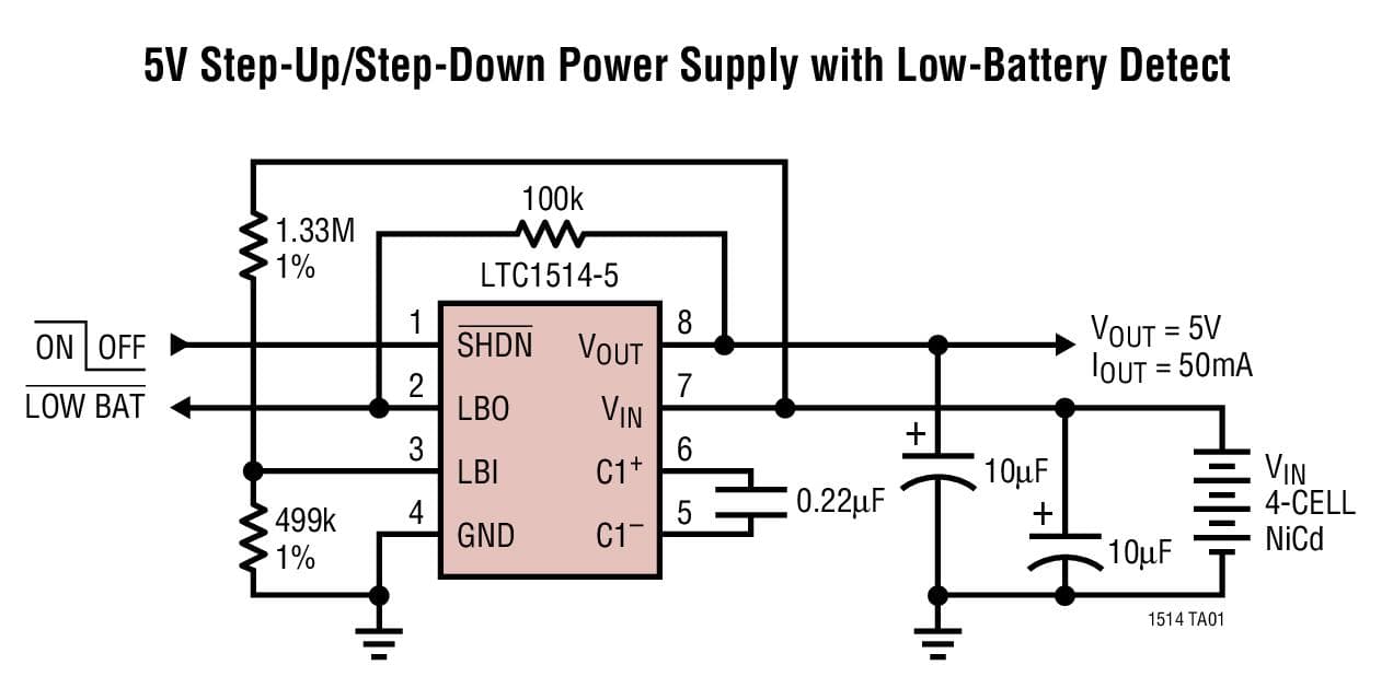 Typical Application for LTC1514 - Step-Up/Step-Down Switched Capacitor DC/DC Converters with Low-Battery Comparator