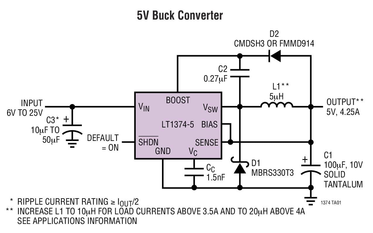 Typical Application for LT1374 - 4.5A, 500kHz Step-Down Switching Regulator