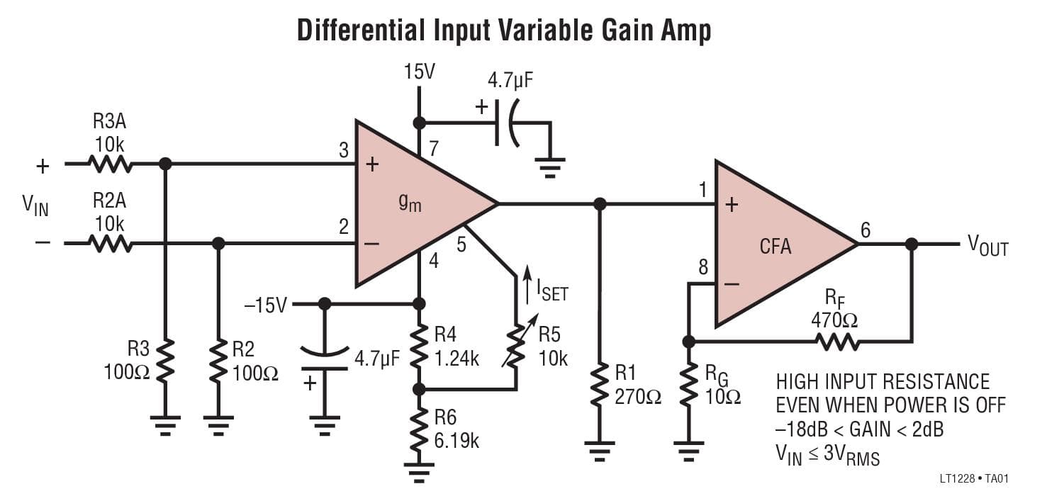 Typical Application for LT1228 - 100MHz Current Feedback Amplifier with DC Gain Control