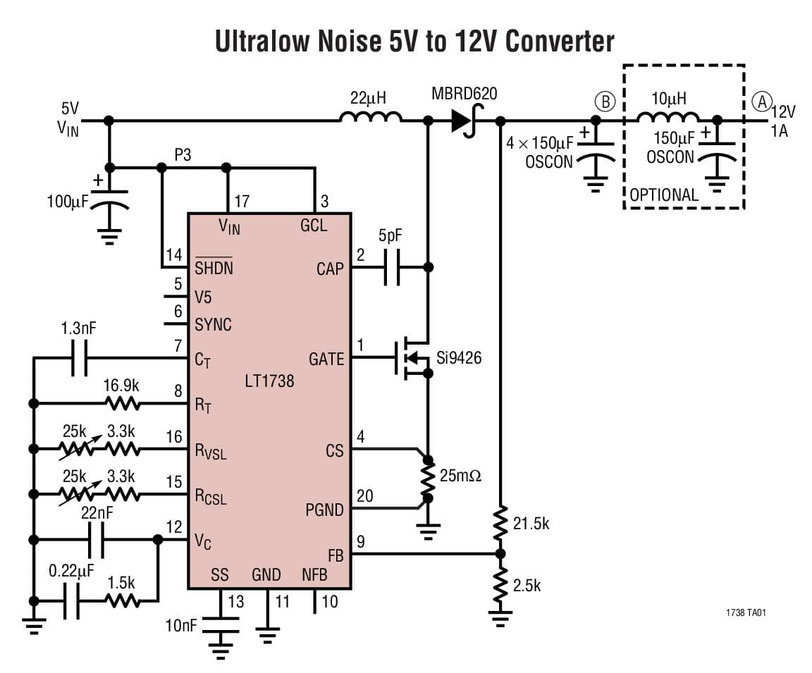 Typical Application for LT1738 - Slew Rate Controlled Ultra Low Noise DC/DC Controller