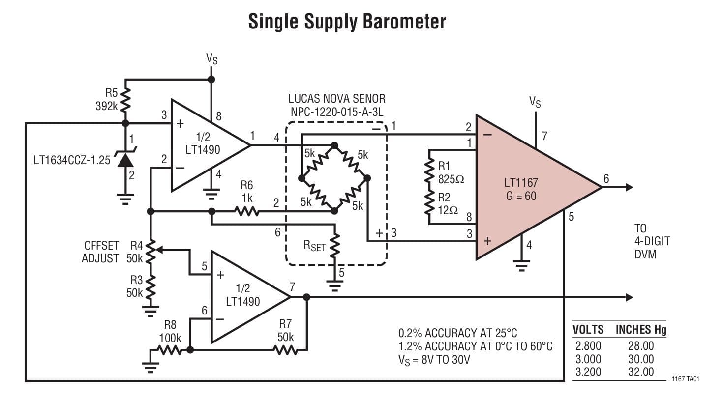 Typical Application for LT1167 - Single Resistor Gain Programmable, Precision Instrumentation Amplifier