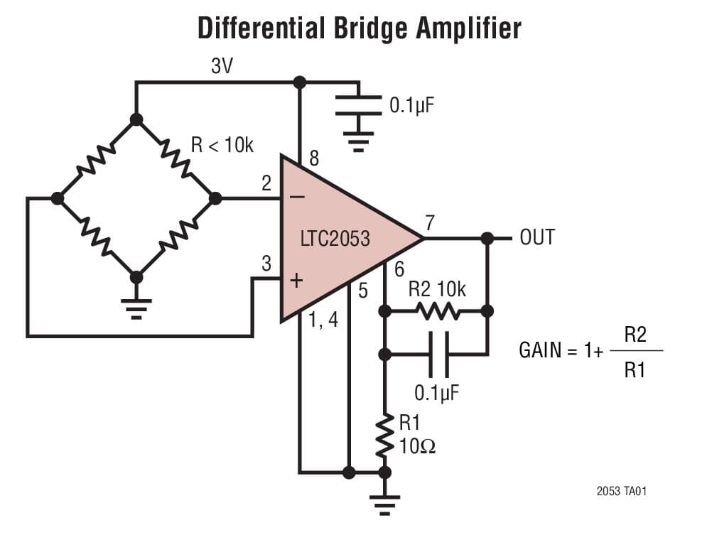 Typical Application for LTC2053 - Precision, Rail-to-Rail, Zero-Drift, Resistor-Programmable Instrumentation Amplifier