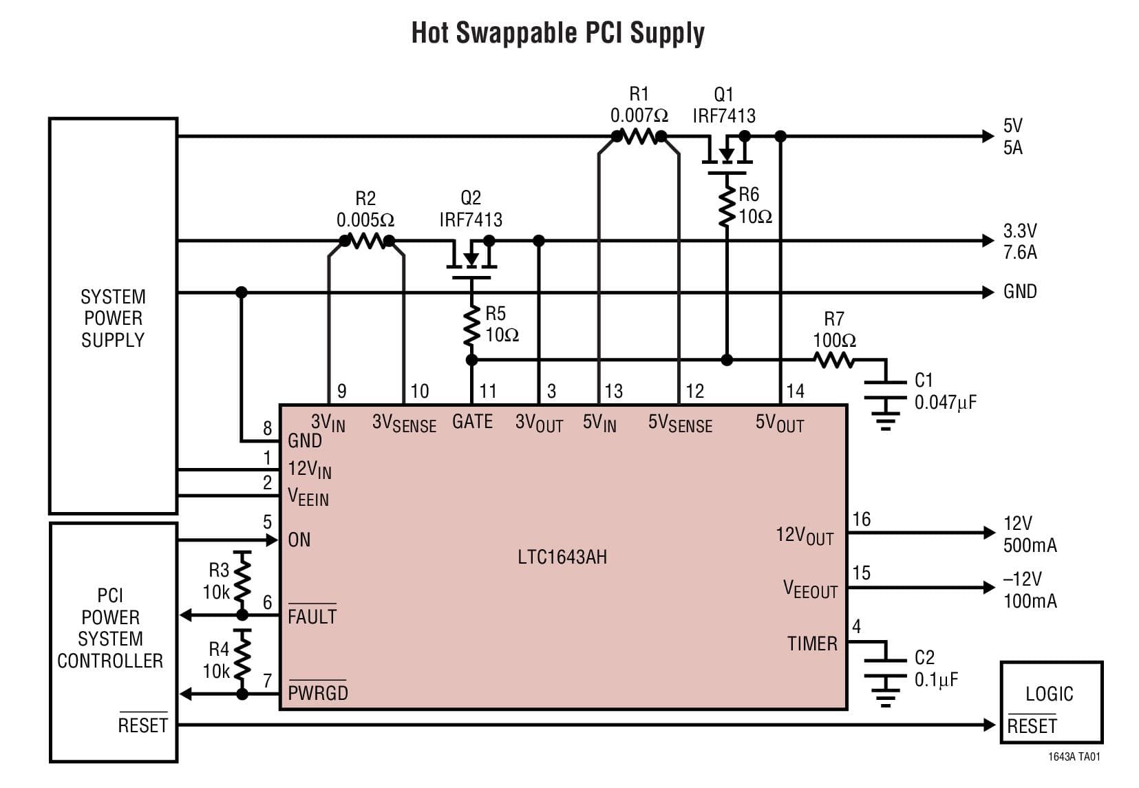 Typical Application Circuit for LTC1643A - PCI-Bus Hot-Swap Controller