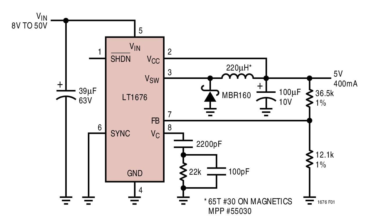 Typical Application for LT1676 - Wide Input Range, High Efficiency, Step-Down Switching Regulator