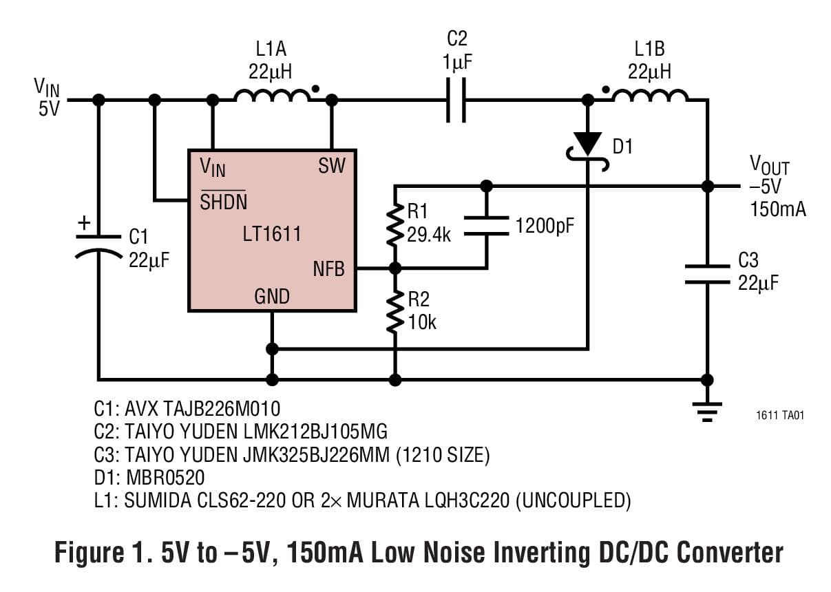 Typical Application for LT1611 - Inverting 1.4MHz Switching Regulator in 5-Lead SOT-23