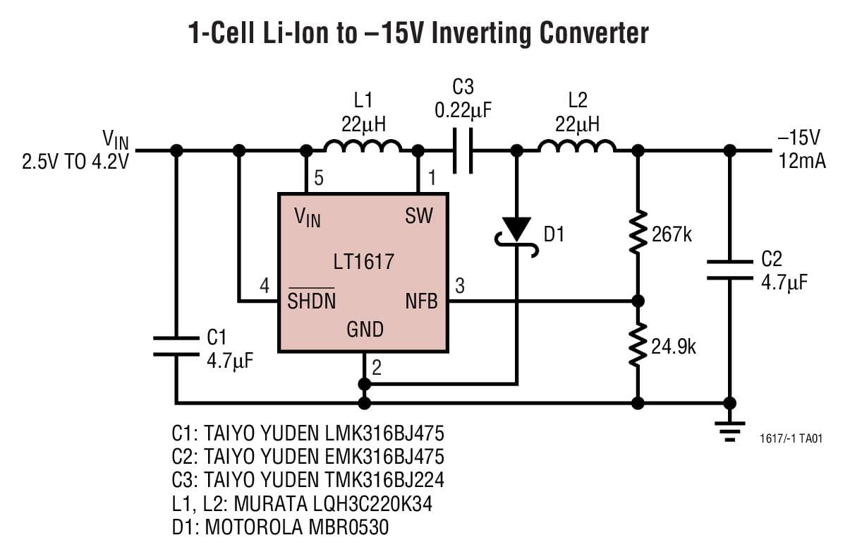 Typical Application for LT1617 - Micro-power Inverting DC/DC Converters in SOT-23