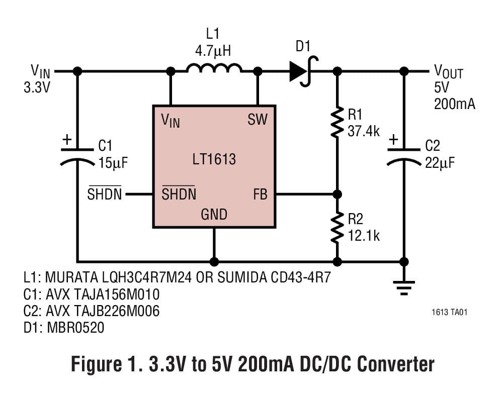 Typical Application for LT1613 - 1.4MHz, Single Cell DC/DC Converter in 5-Lead SOT-23