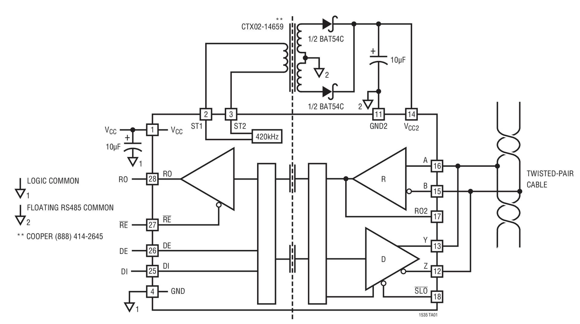 Typical Application Circuit for LTC1535 Isolated RS485 Transceiver