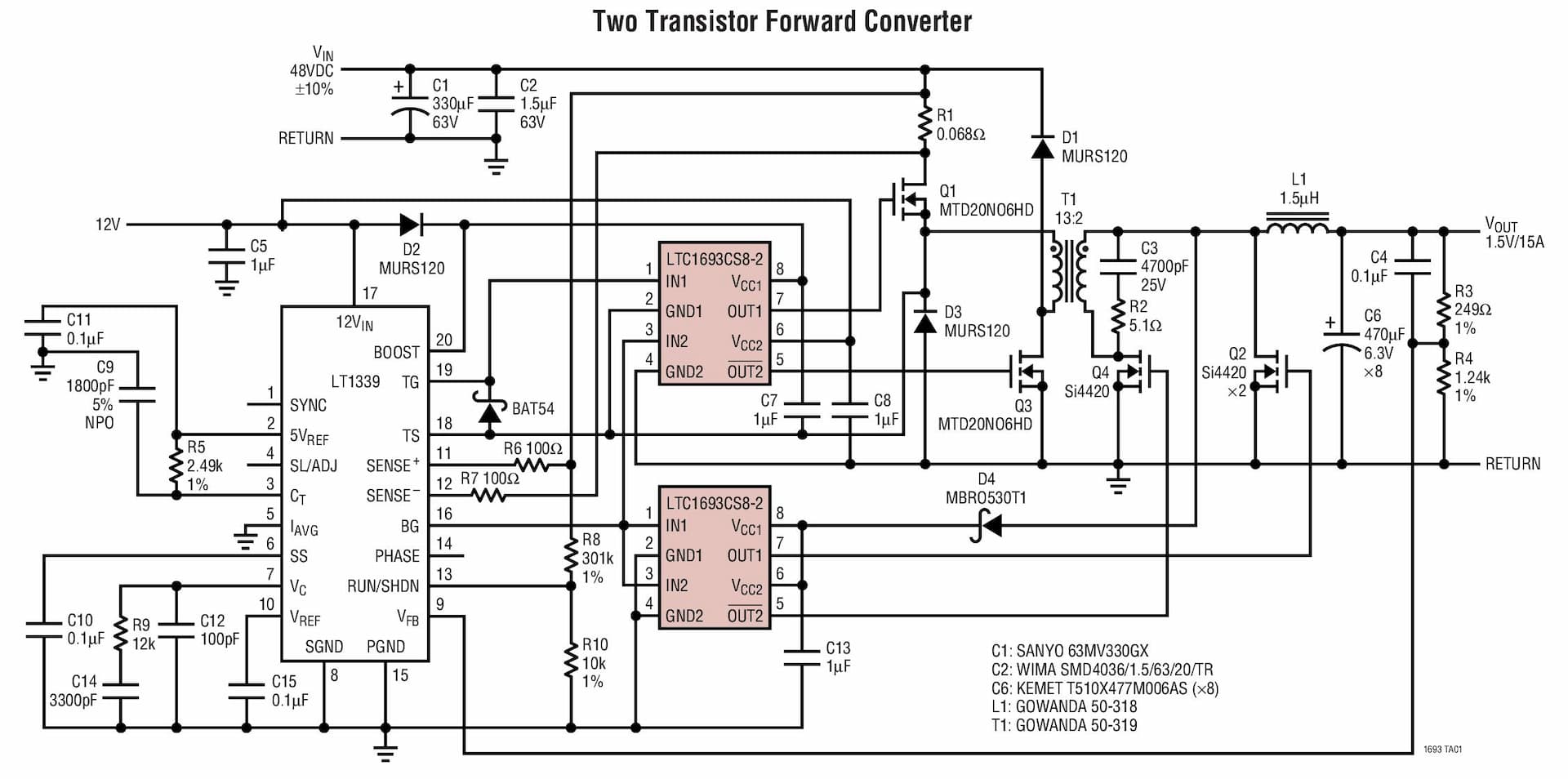 Typical Application for LTC1693 - High Speed Single/Dual N-Channel MOSFET Drivers