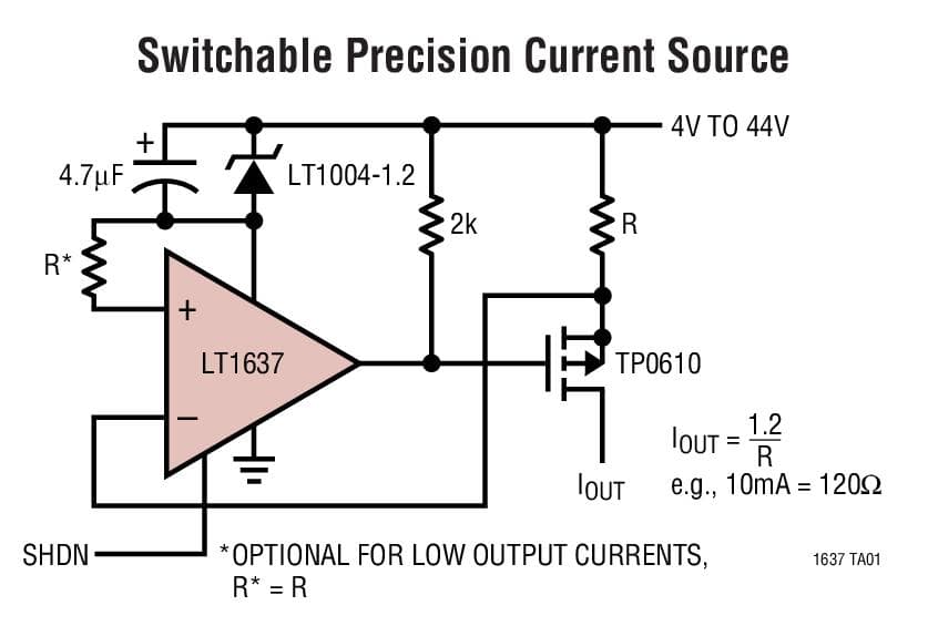 Typical Application for LT1637 - 1.1MHz, 0.4V/us Over-the-Top Micro-power, Rail-To-Rail Input and Output Op-Amp