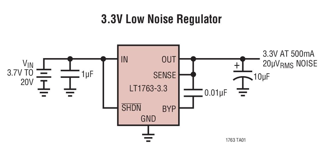 Typical Application for LT1763 - 500mA, Low Noise, LDO Micro-power Regulators