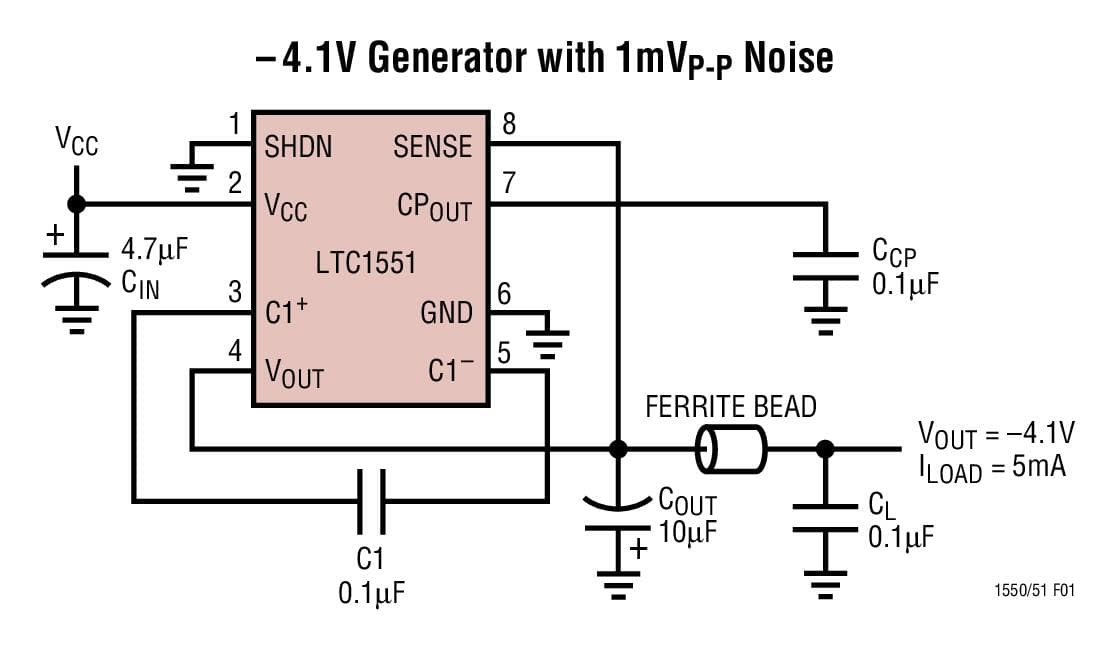 Typical Application for LTC1551 - Low Noise, Switched Capacitor-Regulated Voltage Inverters