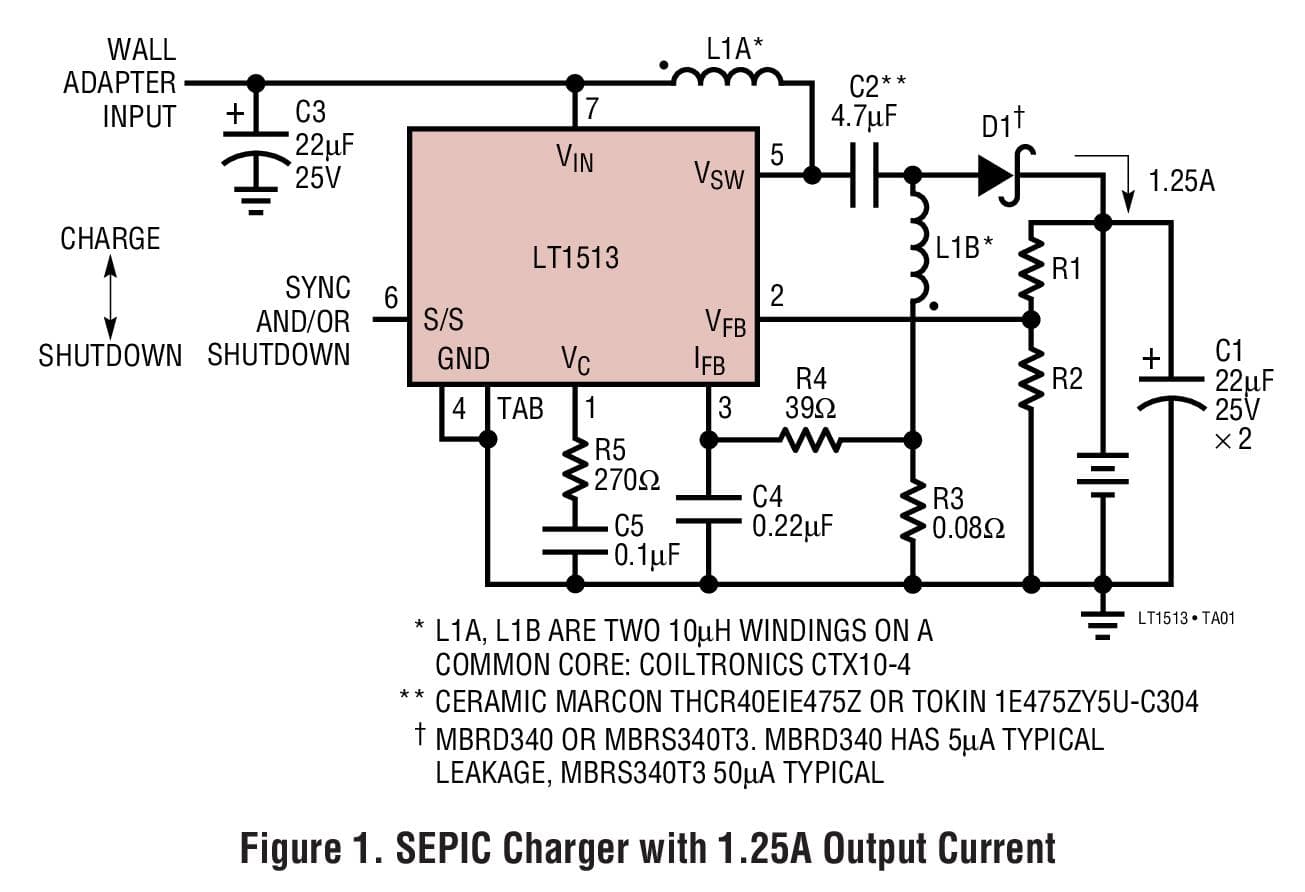 Typical Application for LT1513 - SEPIC Constant- or Programmable-Current/Constant-Voltage Battery Charger