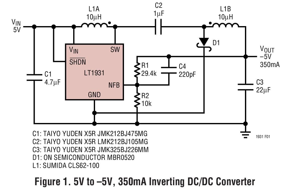 Typical Application for LT1931 - 1.2MHz/2.2MHz Inverting DC/DC Converters in ThinSOT