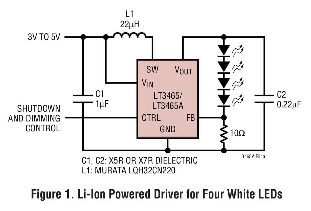 Typical Application for LT3465, LT3465A 1.2MHz, 2.4MHz White LED Step-Up Converters