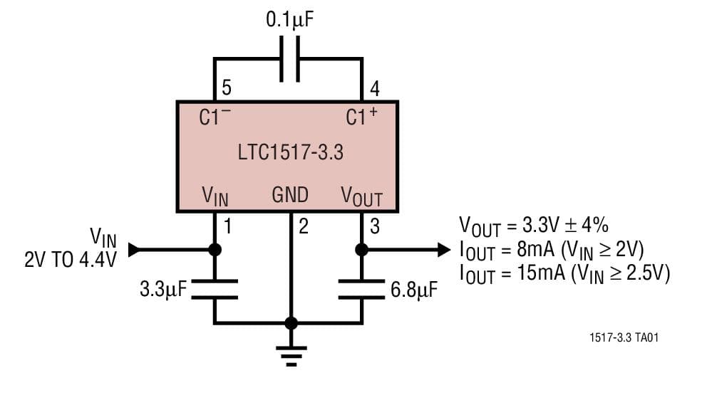 Typical Application for LTC1517-3.3 - Micro-power, Regulated 3.3V Charge Pump in a 5-Pin SOT-23 Package