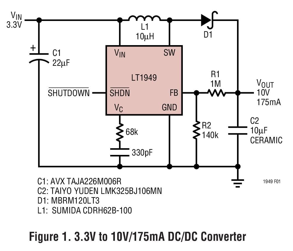 Typical Application for LT1949 - 600kHz, 1A Switch PWM DC/DC Converter