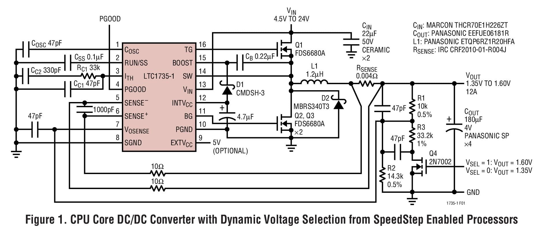 Typical Application for LTC1735-1 - High Efficiency Synchronous Step-Down Switching Regulator