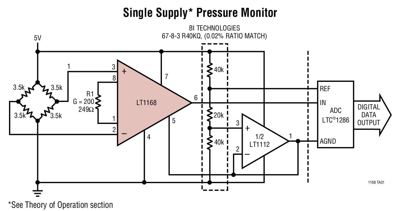 Typical Application for LT1168 - Low Power, Single Resistor Gain Programmable, Precision Instrumentation Amplifier