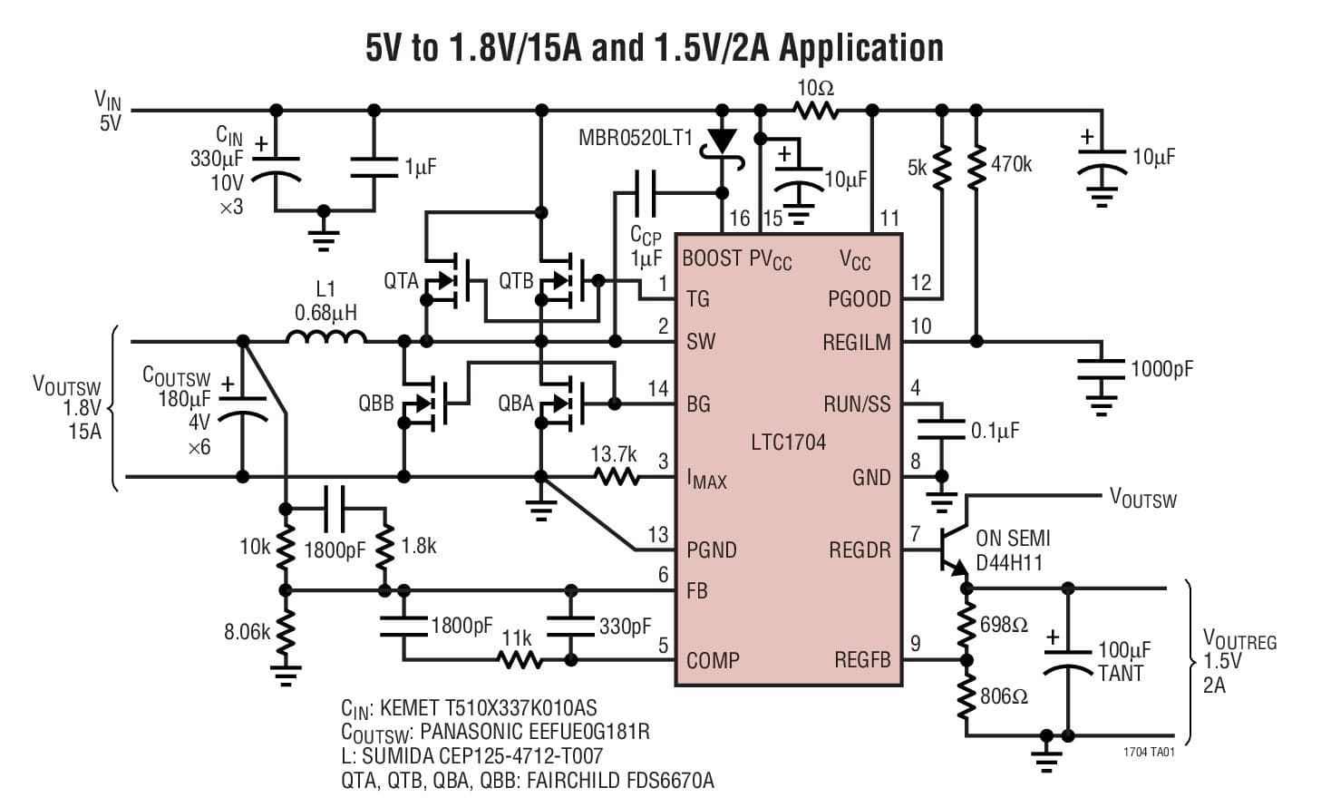 Typical Application for LTC1704 - 550kHz Synchronous Switching Regulator Controller Plus Linear Regulator Controller