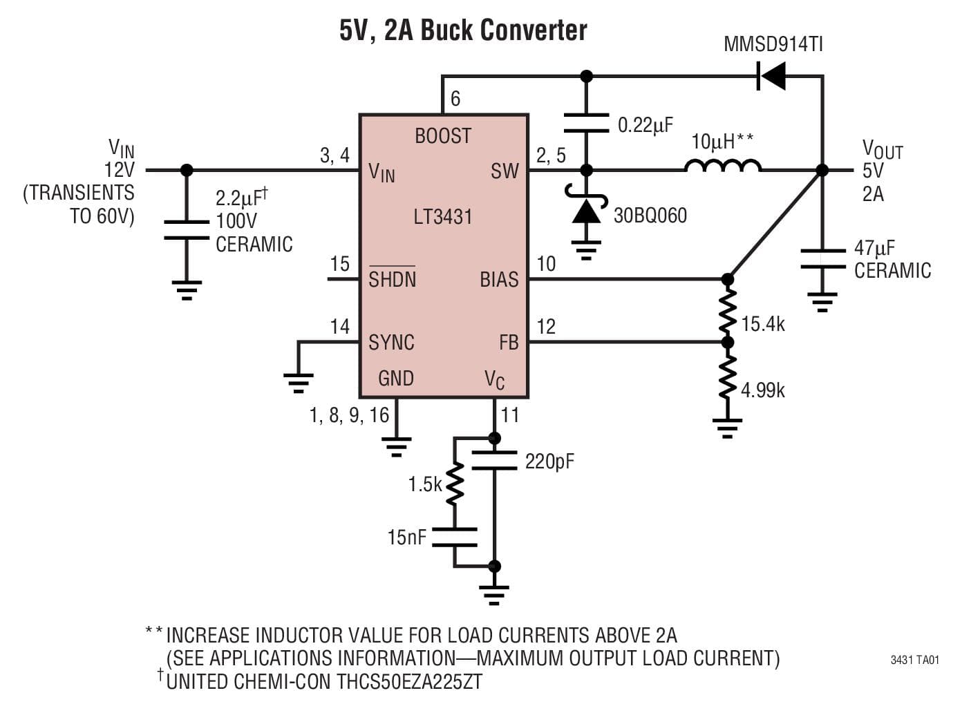 Typical Application for LT3431 - High Voltage, 3A, 500kHz Step-Down Switching Regulator