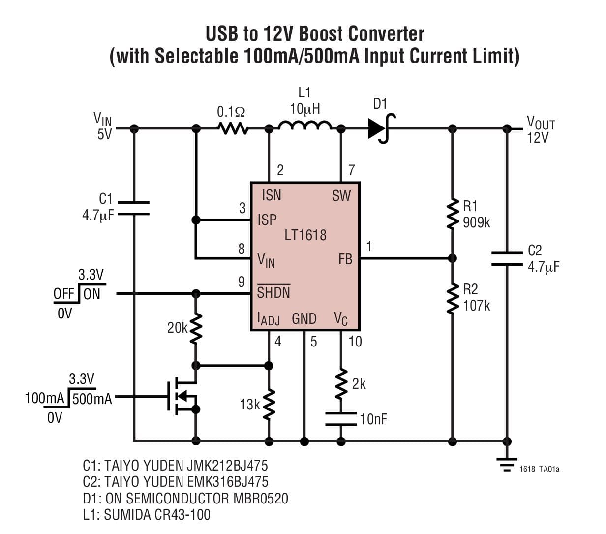 Typical Application for LT1618 - Constant-Current/Constant-Voltage 1.4MHz Step-Up DC/DC Converter