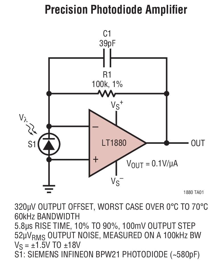 Typical Application for LT1880 - SOT-23, Rail-to-Rail Output, Pico-Amp Input Current Precision Op-Amp