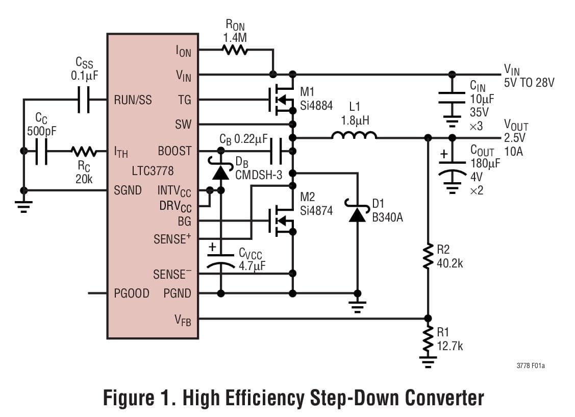 Typical Application for LTC3778 - Wide Operating Range, No RSENSE Step-Down Controller