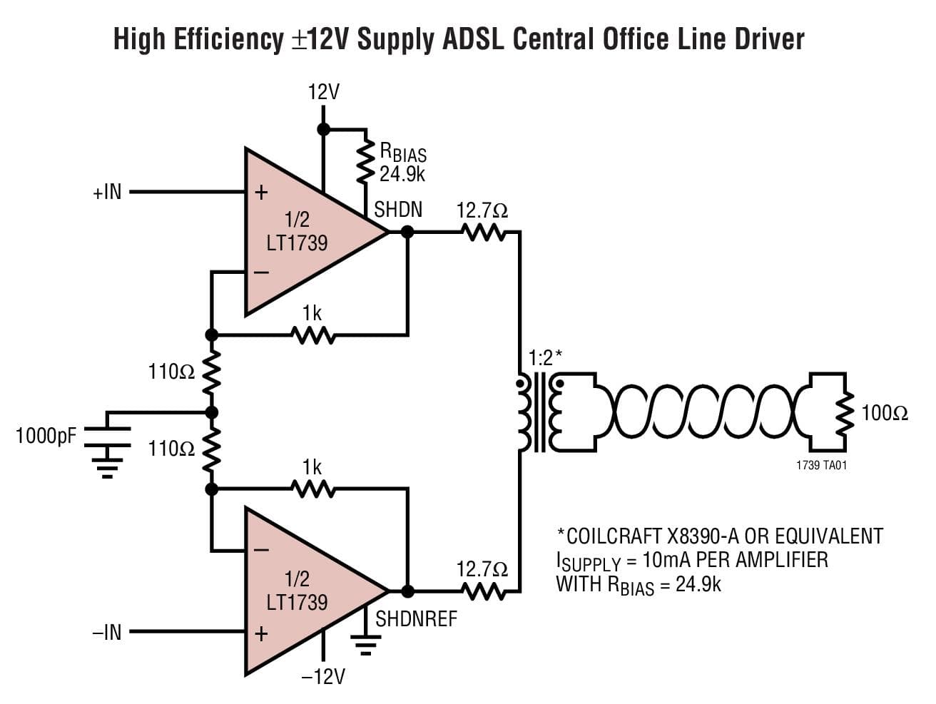 Typical Application for LT1739 - Dual 500mA, 200MHz xDSL Line Driver Amplifier