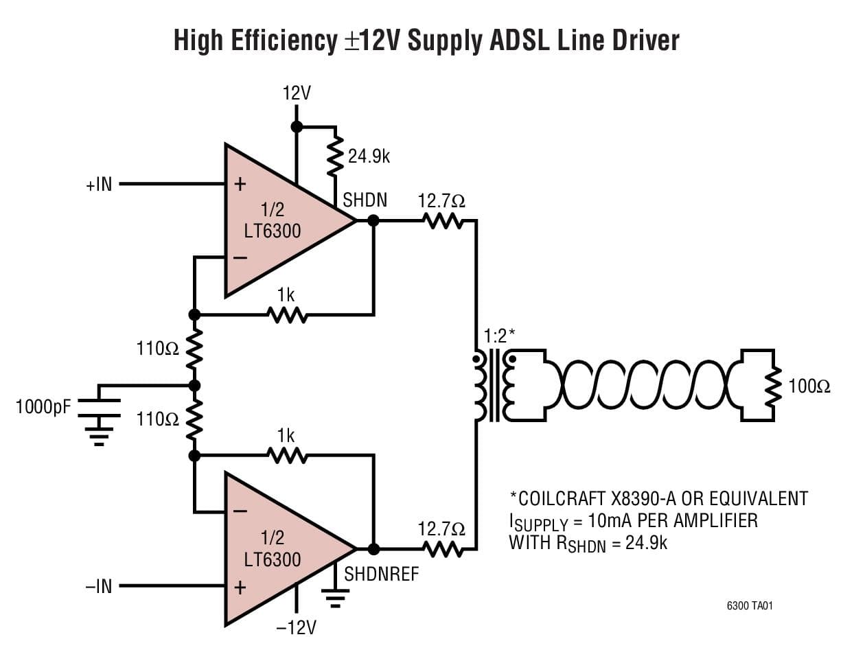 Typical Application for LT6300 - 500mA, 200MHz xDSL Line Driver in 16-Lead SSOP Package