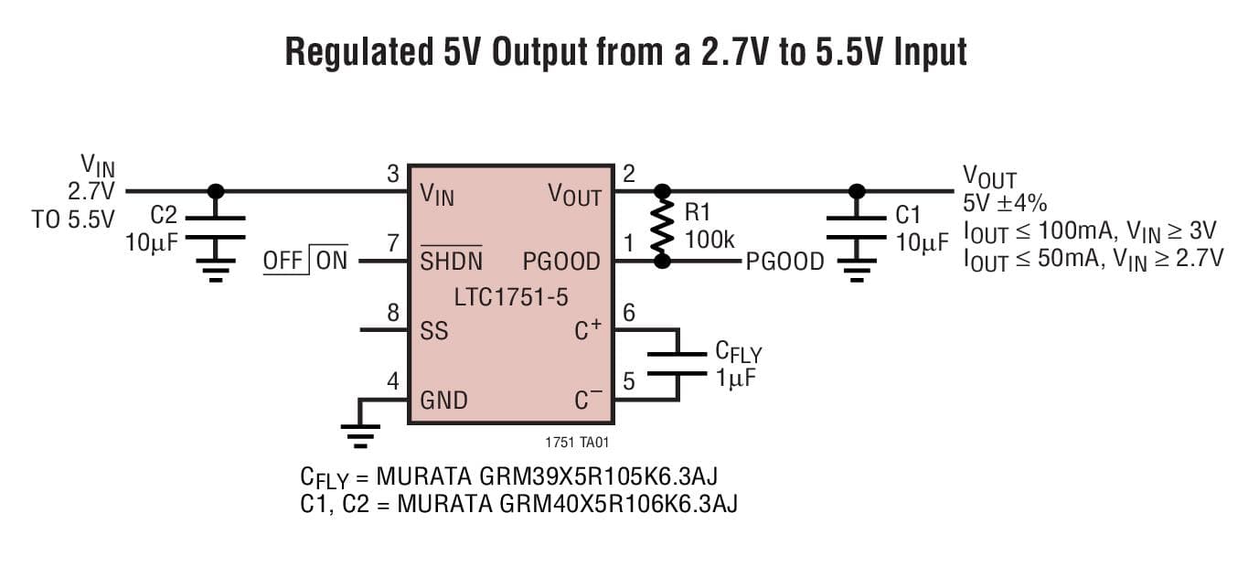 Typical Application for LTC1751 - Micro-power, Regulated Charge Pump DC/DC Converters