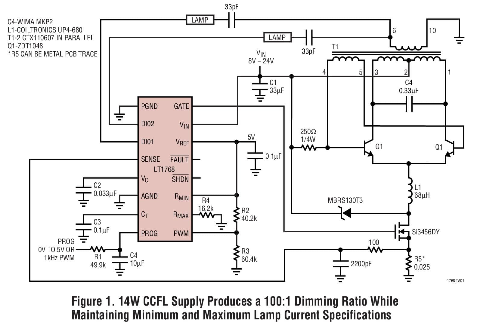 Typical Application for LT1768 - High Power CCFL Controller for Wide Dimming Range and Maximum Lamp Lifetime