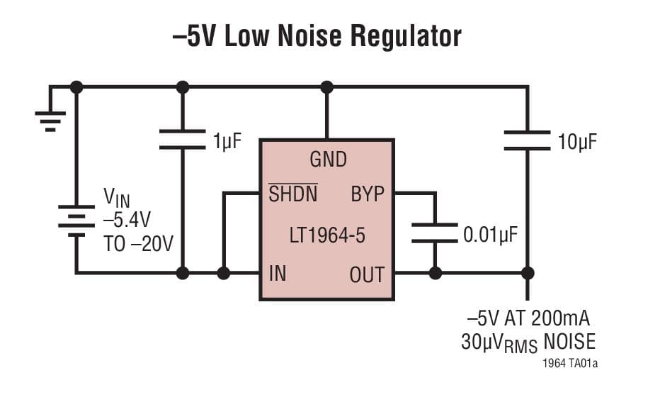 Typical Application for LT1964 - 200mA, Low Noise, Low Dropout Negative Micro-power Regulator