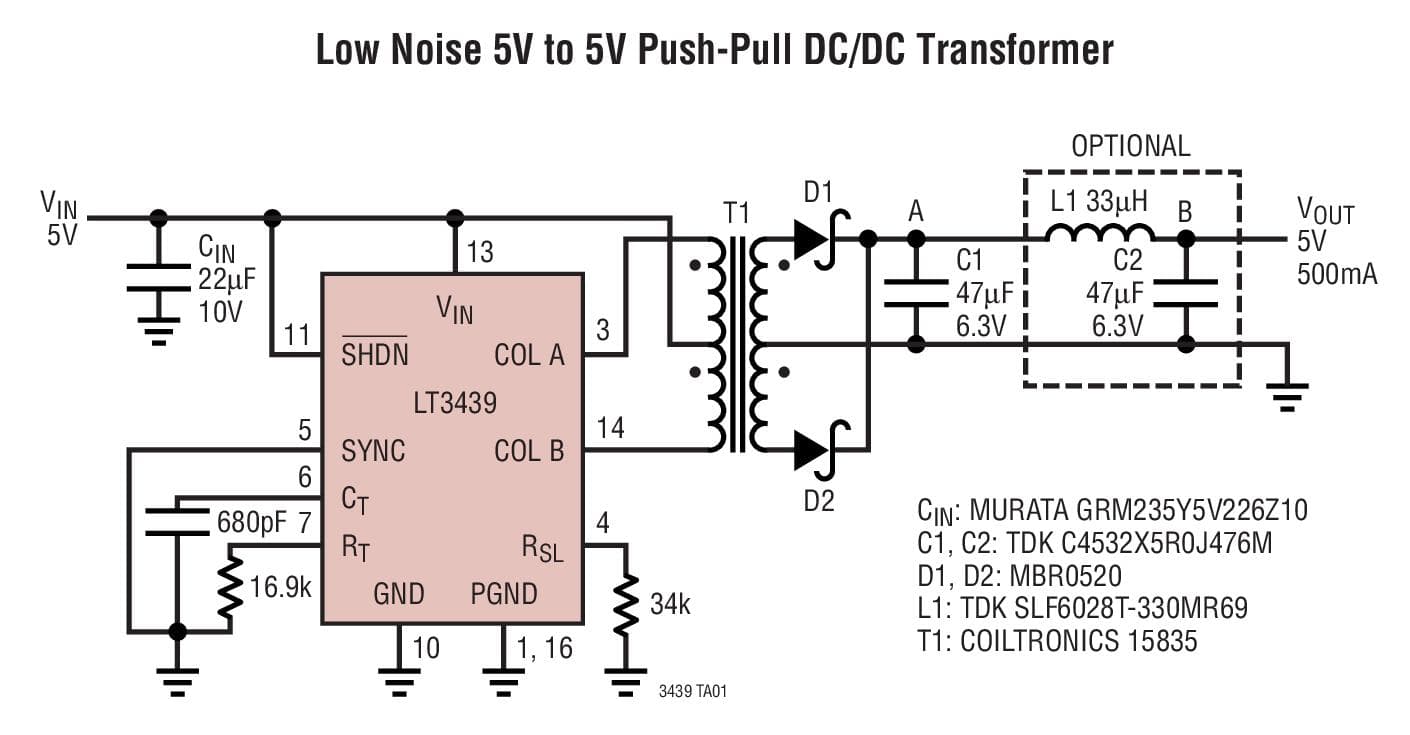 Typical Application for LT3439 - Slew Rate Controlled Ultra Low Noise 1A Isolated DC/DC Transformer Driver