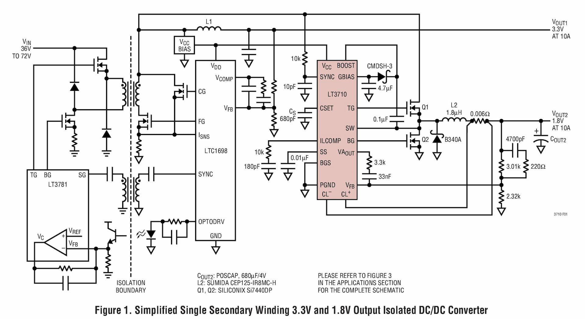 Typical Application for LT3710 - Secondary Side Synchronous Post Regulator