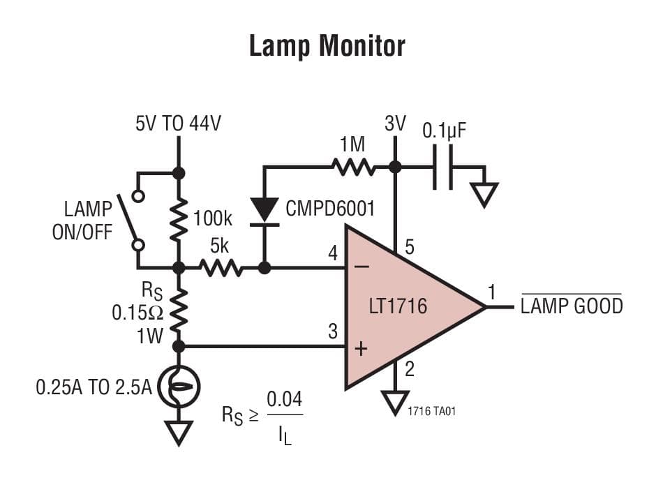 Typical Application for LT1716 - SOT-23, 44V, Over-the-Top, Micro-power, Precision Rail-to-Rail Comparator