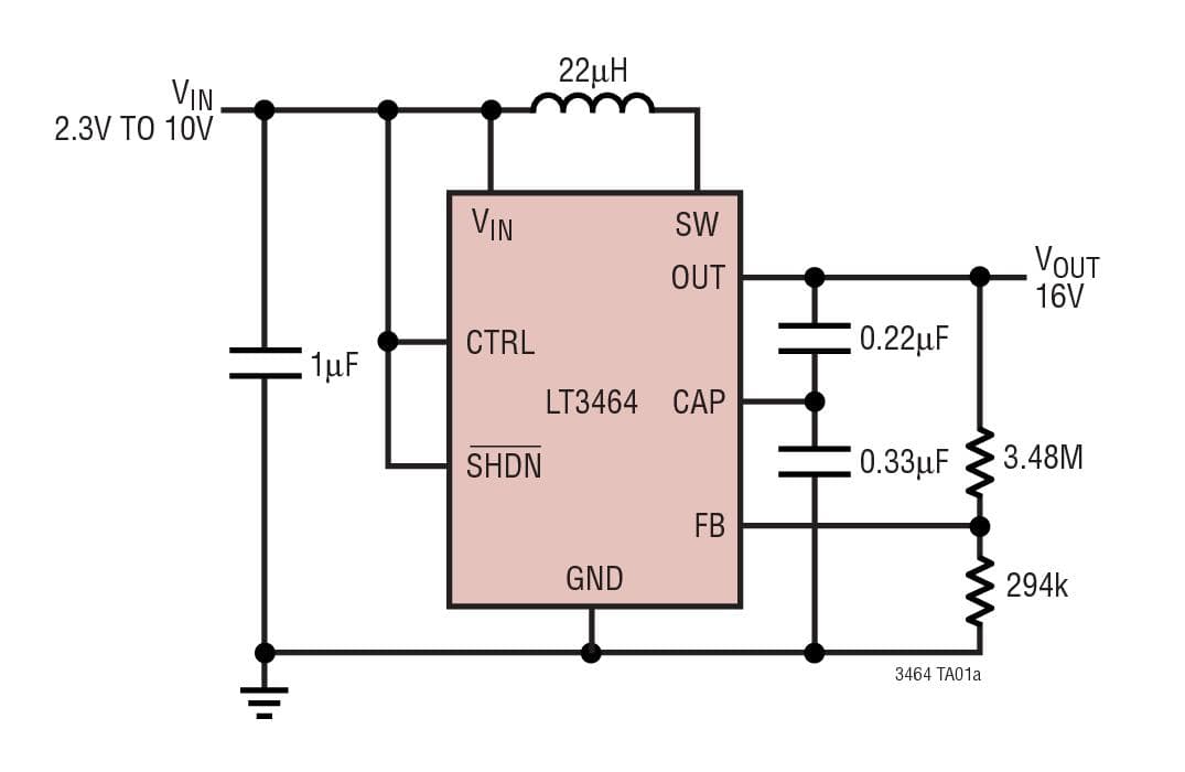 Typical Application for LT3464 - Micro-power Boost Converter with Integrated Schottky and Output Disconnect in ThinSOT