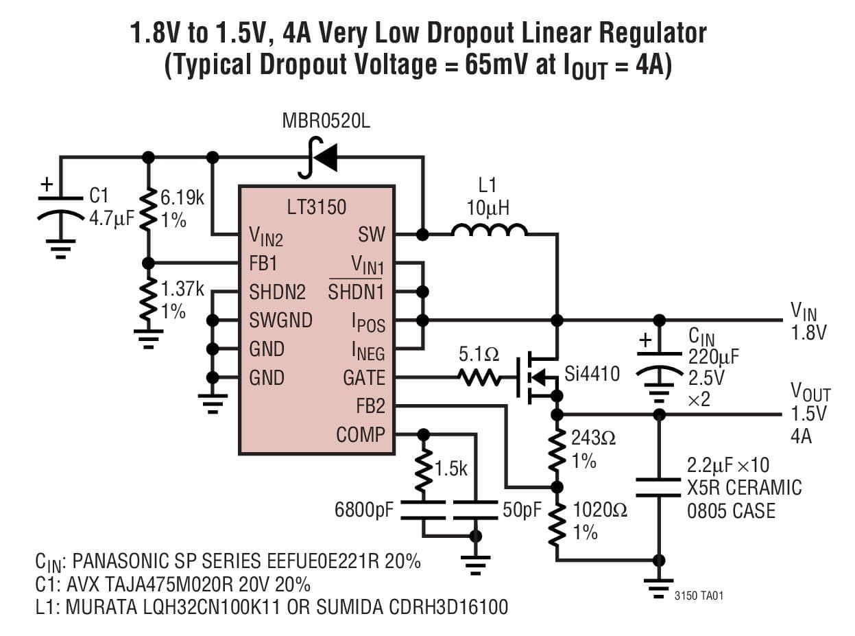 Typical Application for LT3150 - Fast Transient Response, Low Input Voltage, Very Low Dropout Linear Regulator Controller