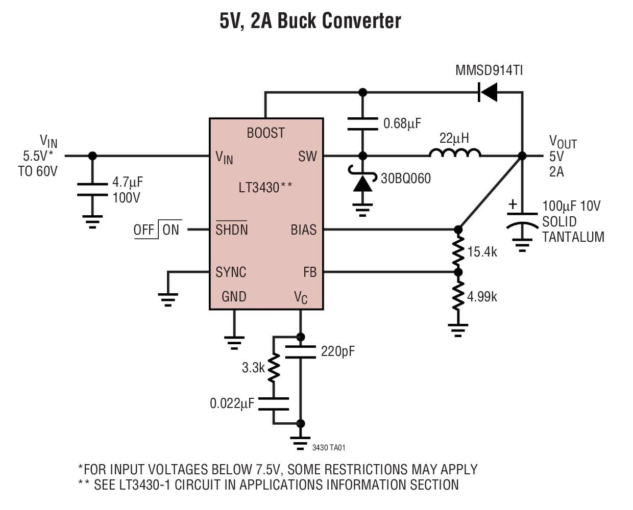 Typical Application for LT3430 - High Voltage, 3A, 200kHz Step-Down Switching Regulator