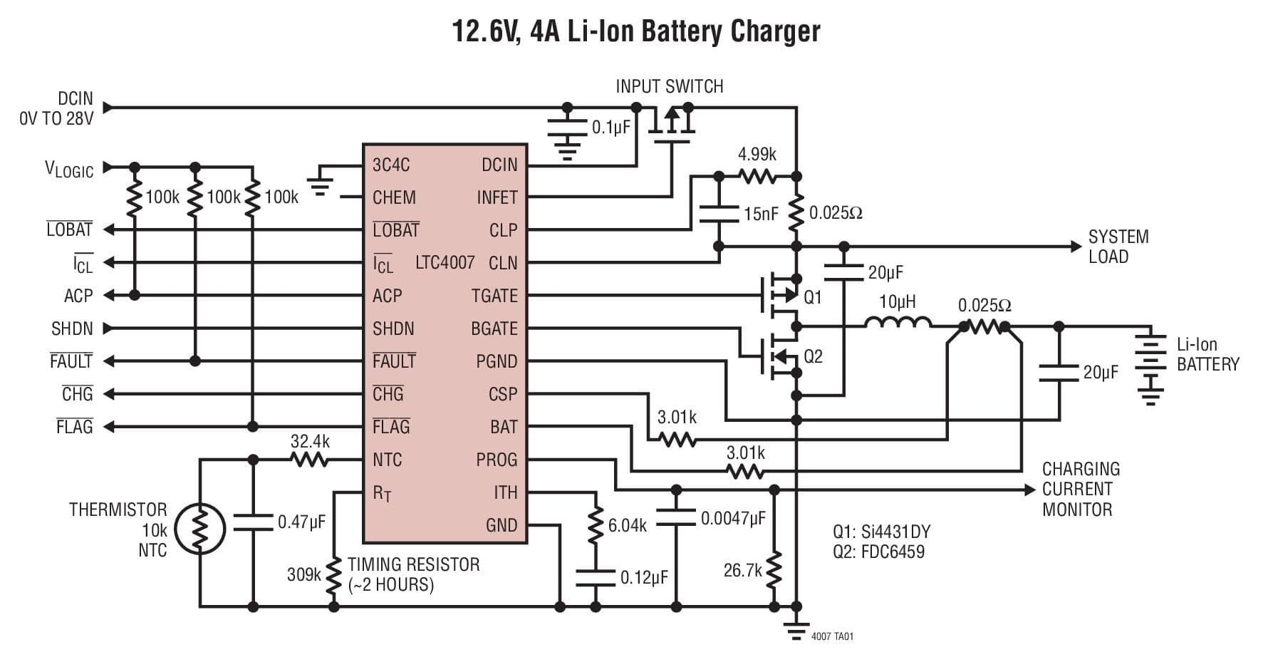 Typical Application for LTC4007 - 4A, High Efficiency, Standalone Li-Ion Battery Charger