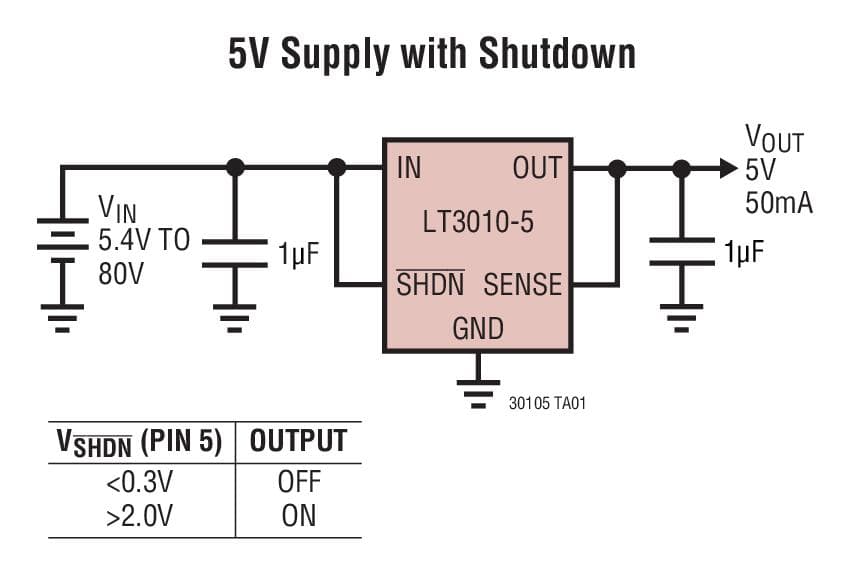 Typical Application for LT3010/LT3010-5 - 50mA, 3V to 80V Low Dropout Micro-power Linear Regulator