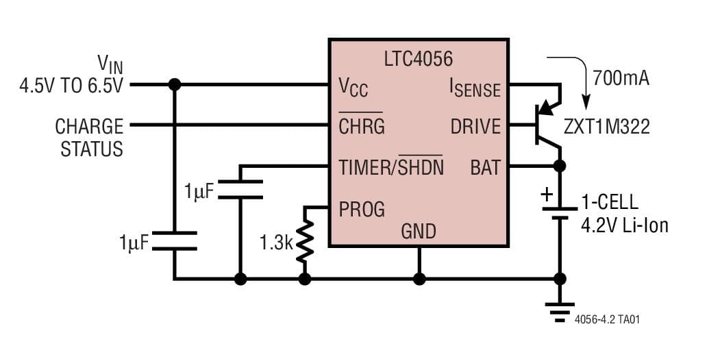 Typical Application for LTC4056-4.2 - Linear Li-Ion Charger with Termination in ThinSOT