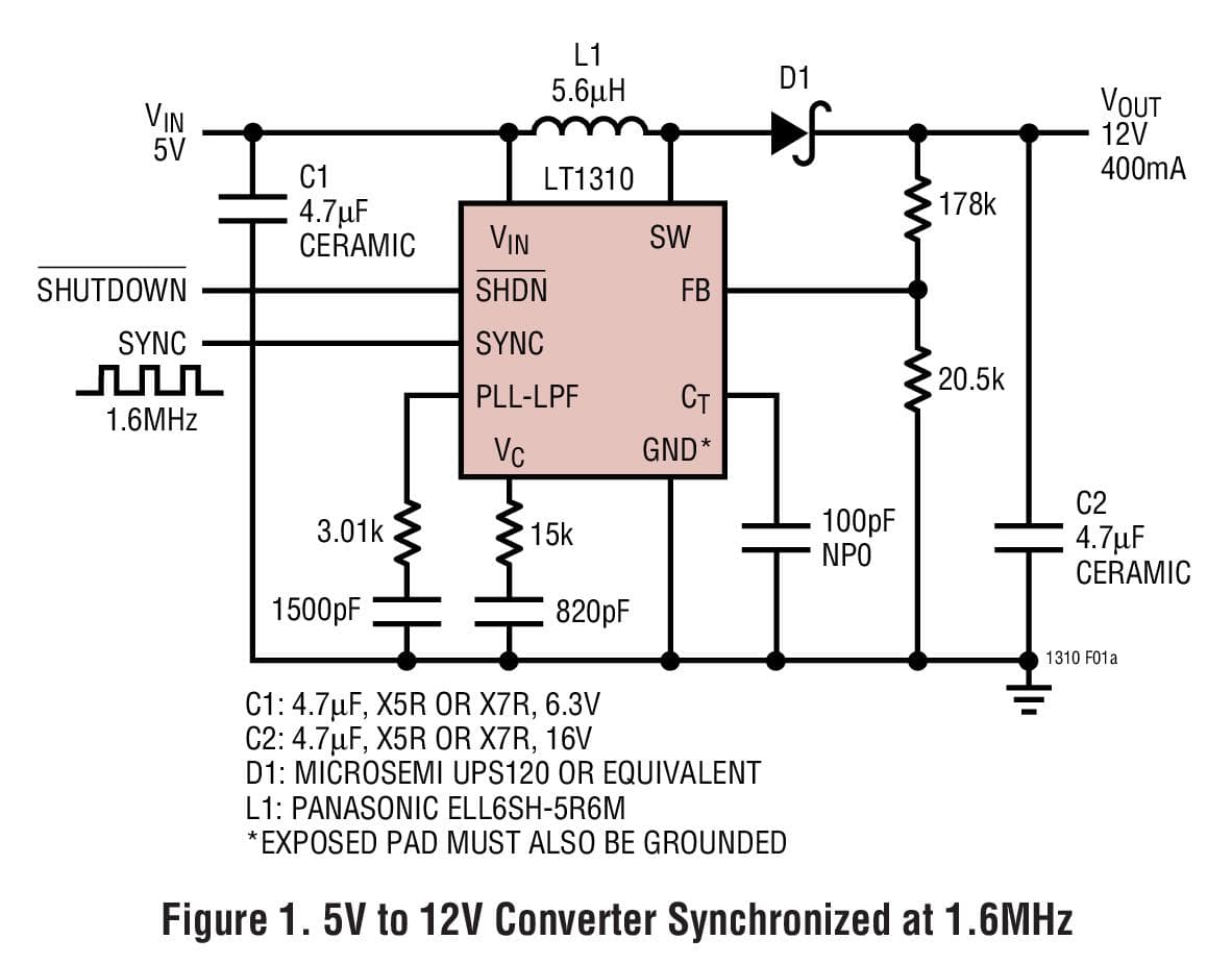 Typical Application for LT1310 - 1.5A Boost DC/DC Converter with Phase-Locked Loop