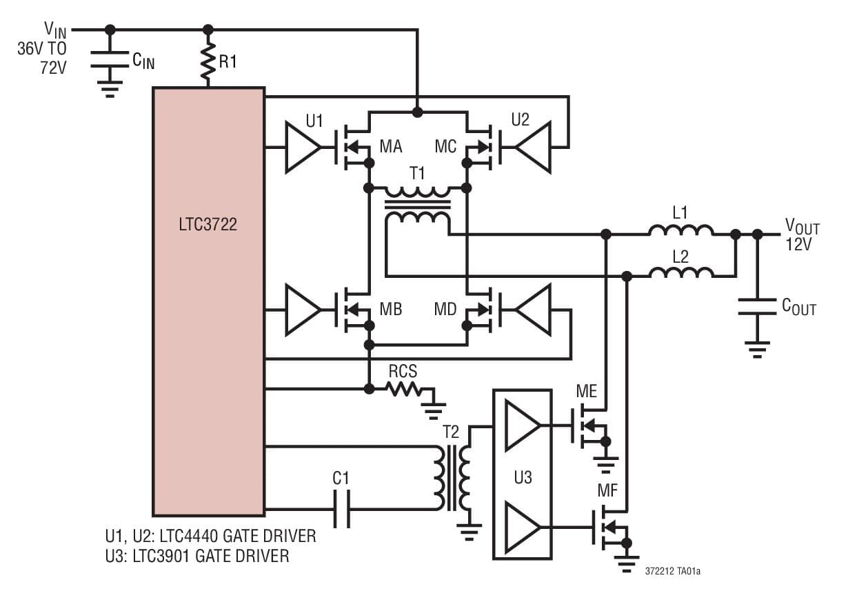 Typical Application for LTC3722 - Synchronous Dual Mode Phase Modulated Full Bridge Controllers