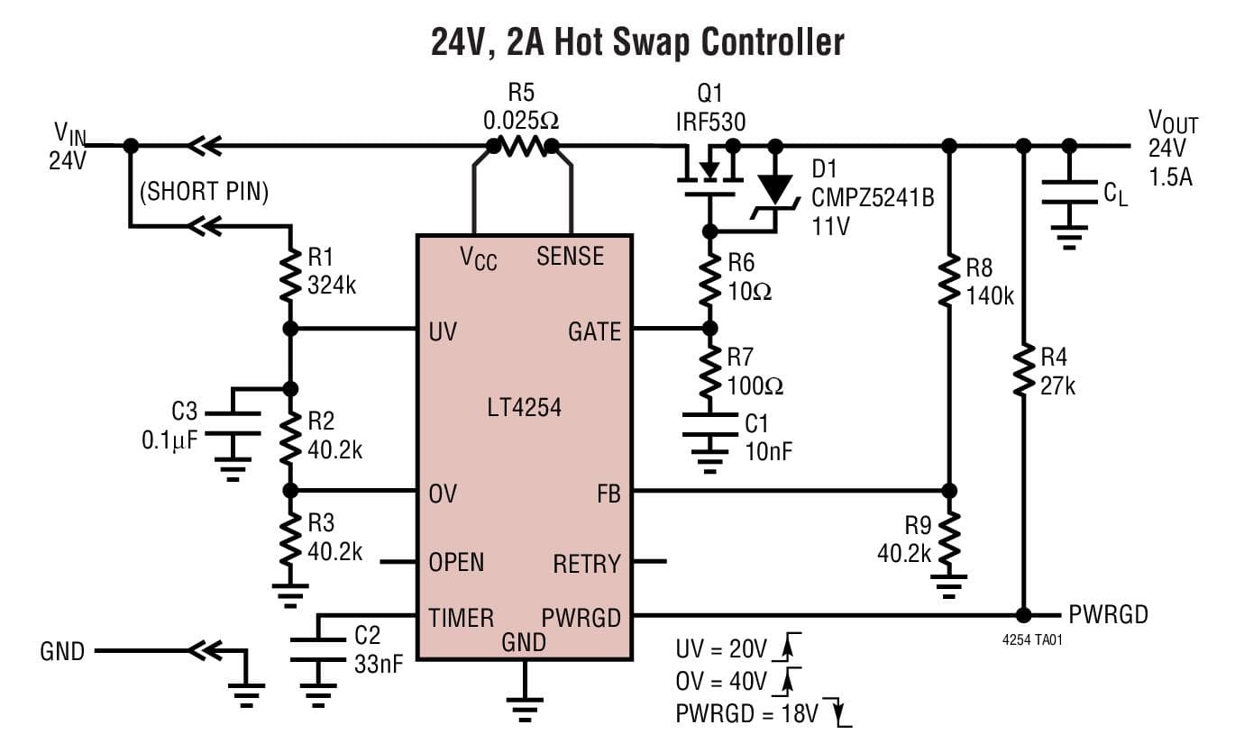 Typical Application for LT4254 Positive High Voltage Hot-Swap Controller with Open-Circuit Detect