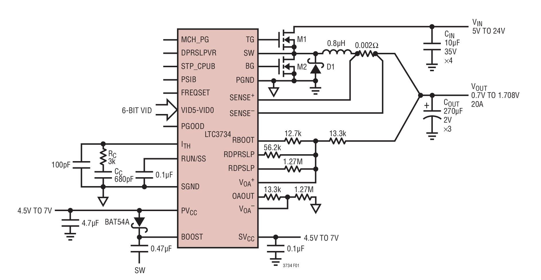 Typical Application for LTC3734 - Single-Phase, High Efficiency DC/DC Controller for Intel Mobile CPUs