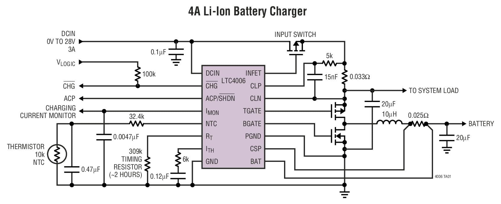 Typical Application for LTC4006 - 4A, High Efficiency, Standalone Li-Ion Battery Charger