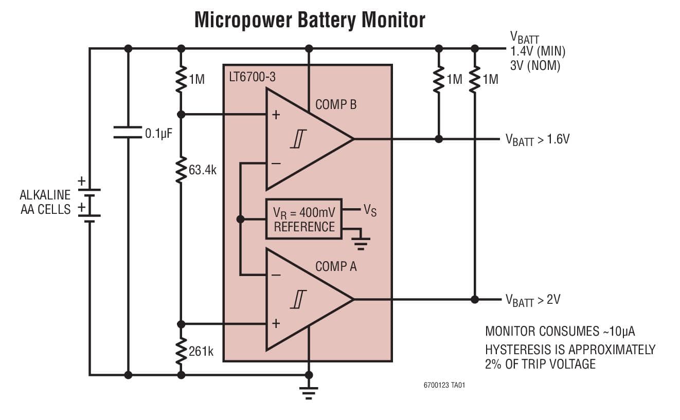 Typical Application for LT6700 - Micro-power, Low Voltage, Dual Comparator with 400mV Reference