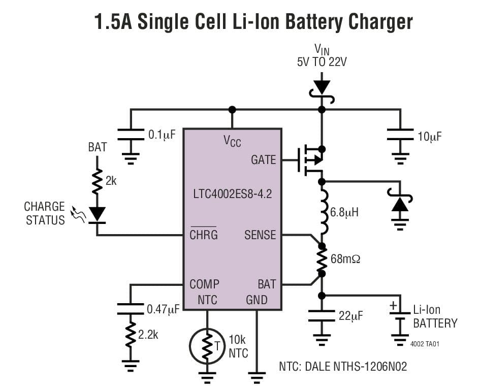 Typical Application for LTC4002 - Standalone Li-Ion Switch Mode Battery Charger